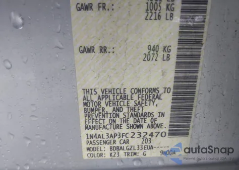 2015 Nissan Altima 2.5/2.5 S/2.5 Sl/2.5 Sv z USA, uszkodzony, nr VIN 1N4AL3AP3FC232470